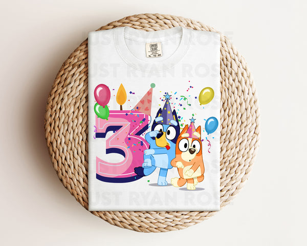 DTF Transfers|Ready To Press|T-shirt Transfers|Heat Transfer|Direct To Film|Bluey And Bingo Birthday 3 Pink